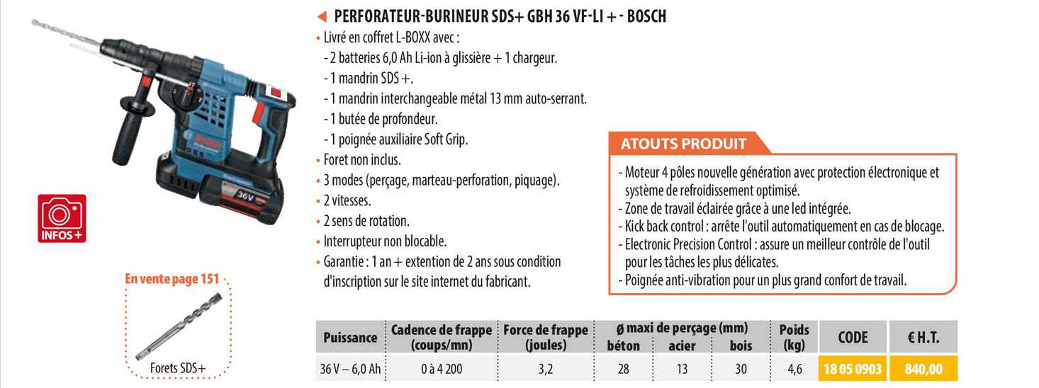 perforateur-burineur sds+ gbh 36 vf-li + - bosch