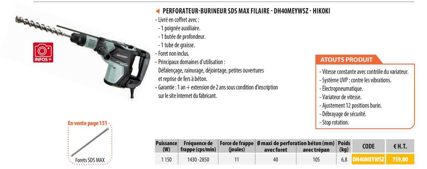 Perforateur-burineur Sds Max Filaire - Dh40meywsz - Hikoki
