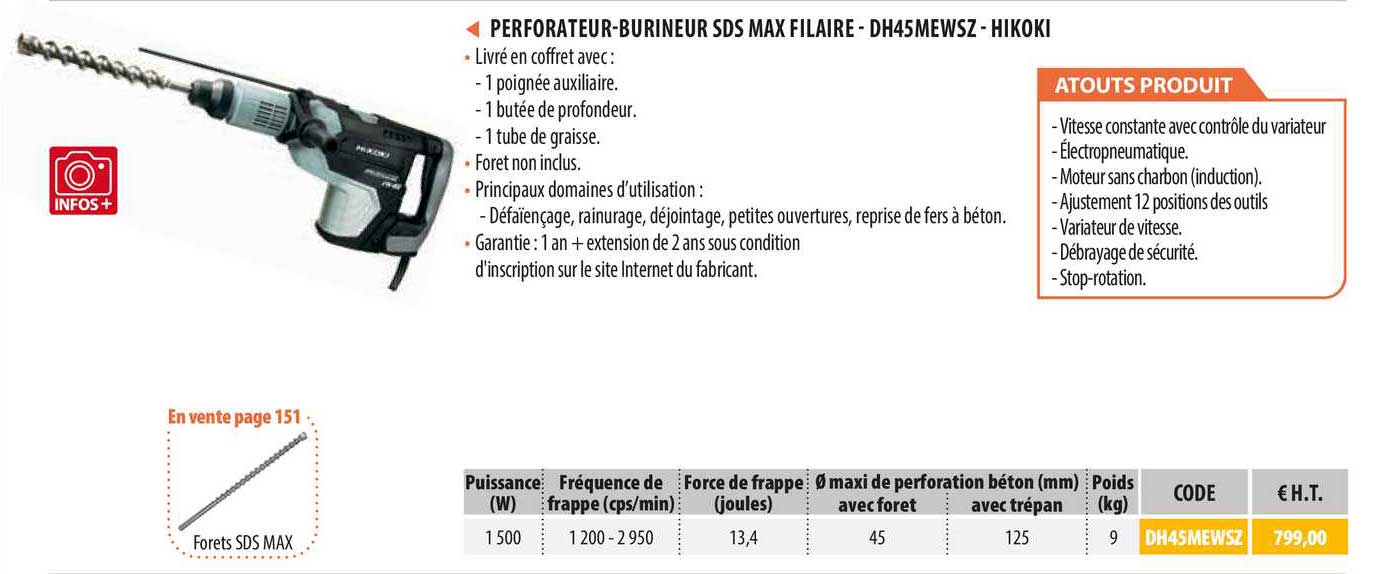 perforateur-burineur sds max filaire - dh45mewsz - hikoki