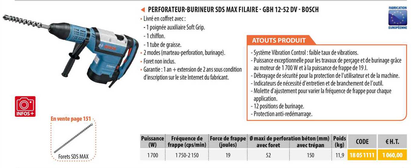 perforateur-burineur sds max filaire - gbh 12-52 dv - bosch
