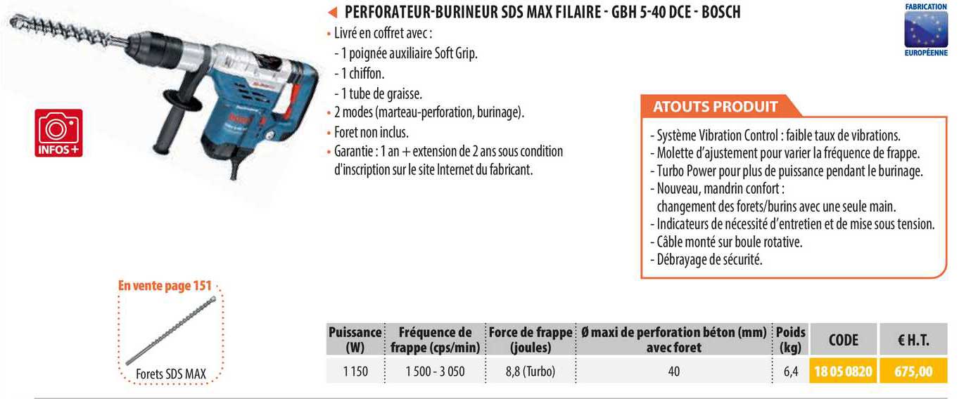 perforateur-burineur sds max filaire - gbh 5-40 dce - bosch