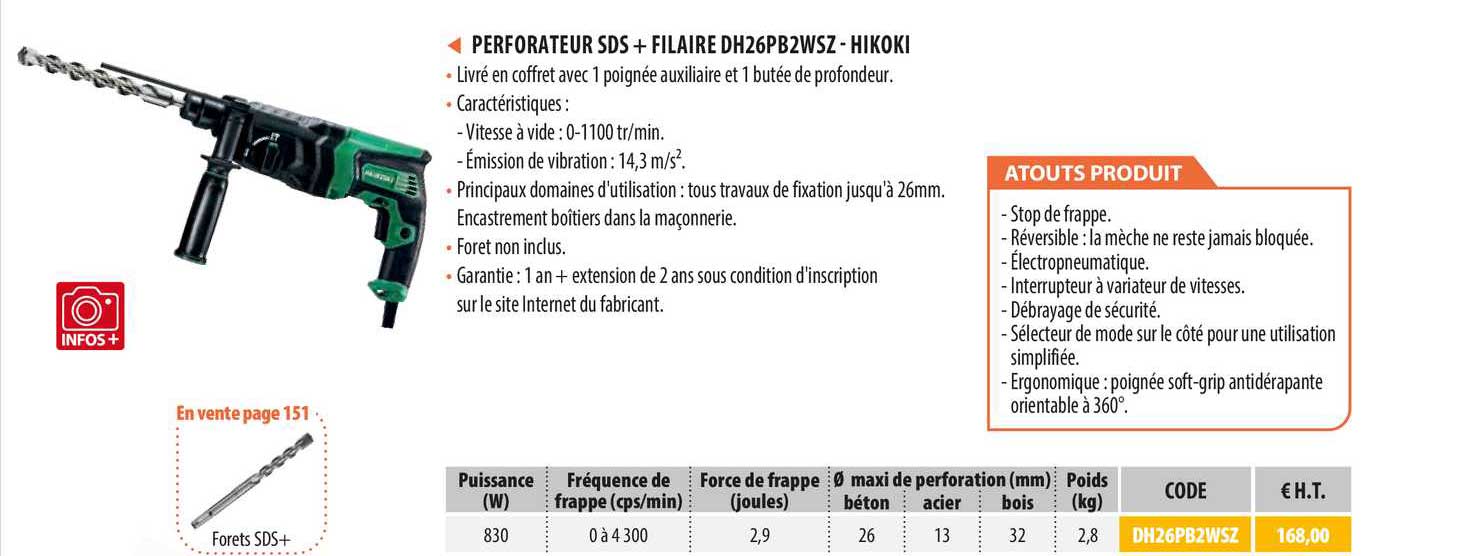 perforateur sds + filaire dh26pb2wsz - hikoki