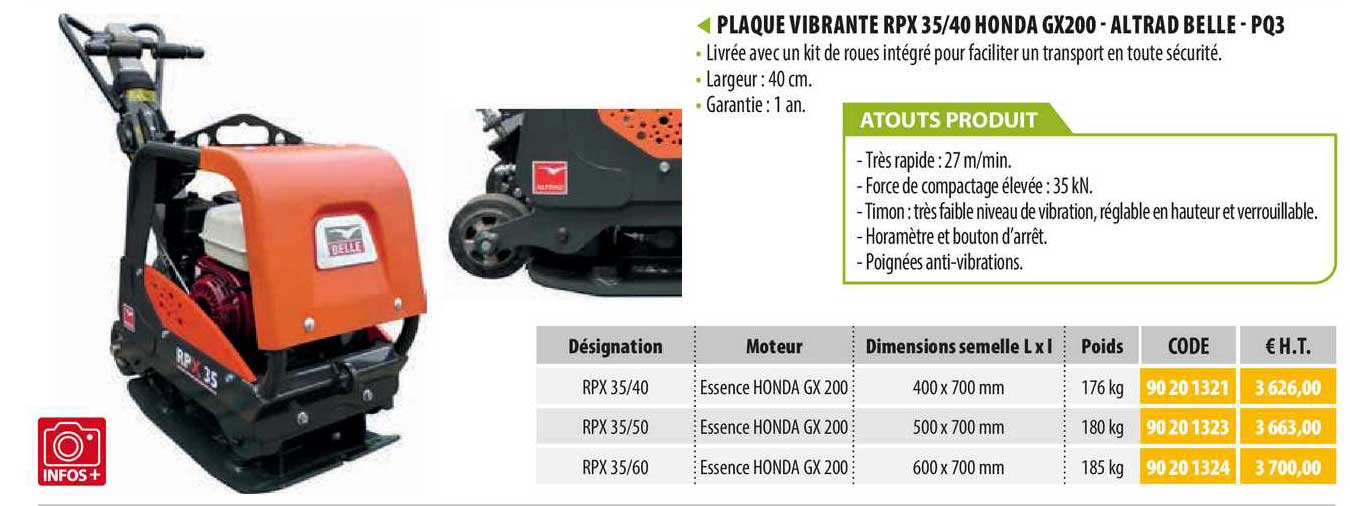 plaque vibrante rpx 35-40 honda gx200 - altrad belle - pq3