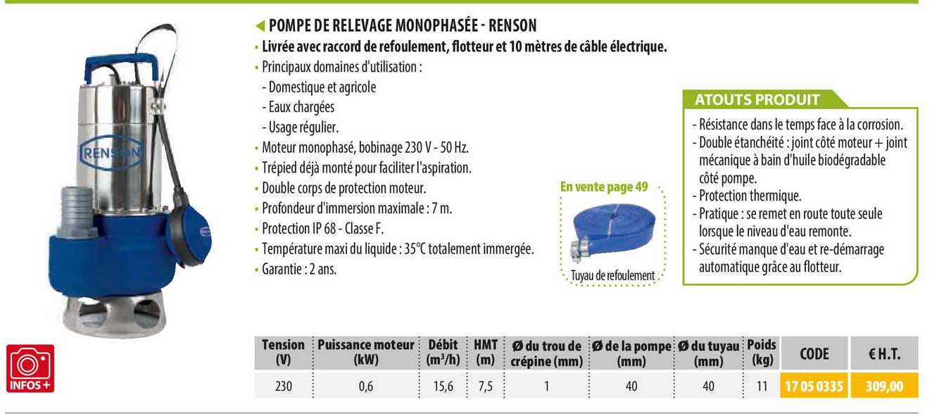 pompe de relevage monophasée - renson