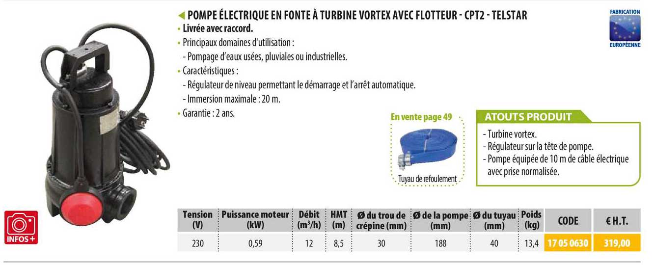 pompe électrique en fonte à turbine vortex avec flotteur - cpt2 - telstar