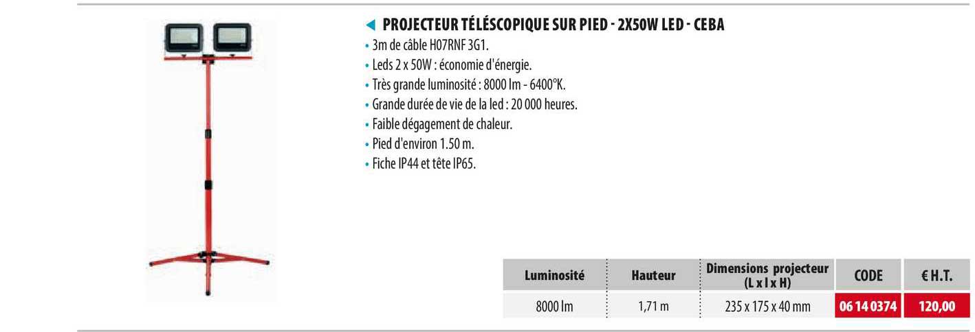 projecteur téléscopique sur pied - 2x50w led -ceba