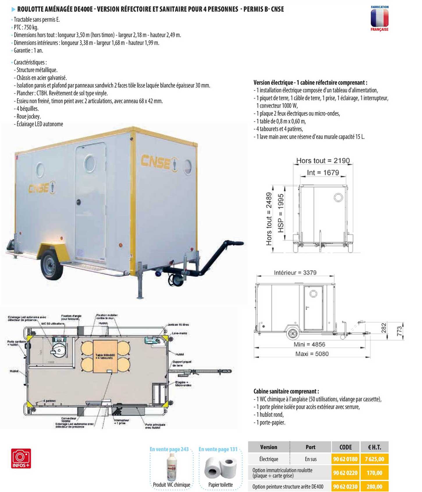 roulotte aménagée de400e - version réfectoire et sanitaire pour 4 personnes - permis b - cnse