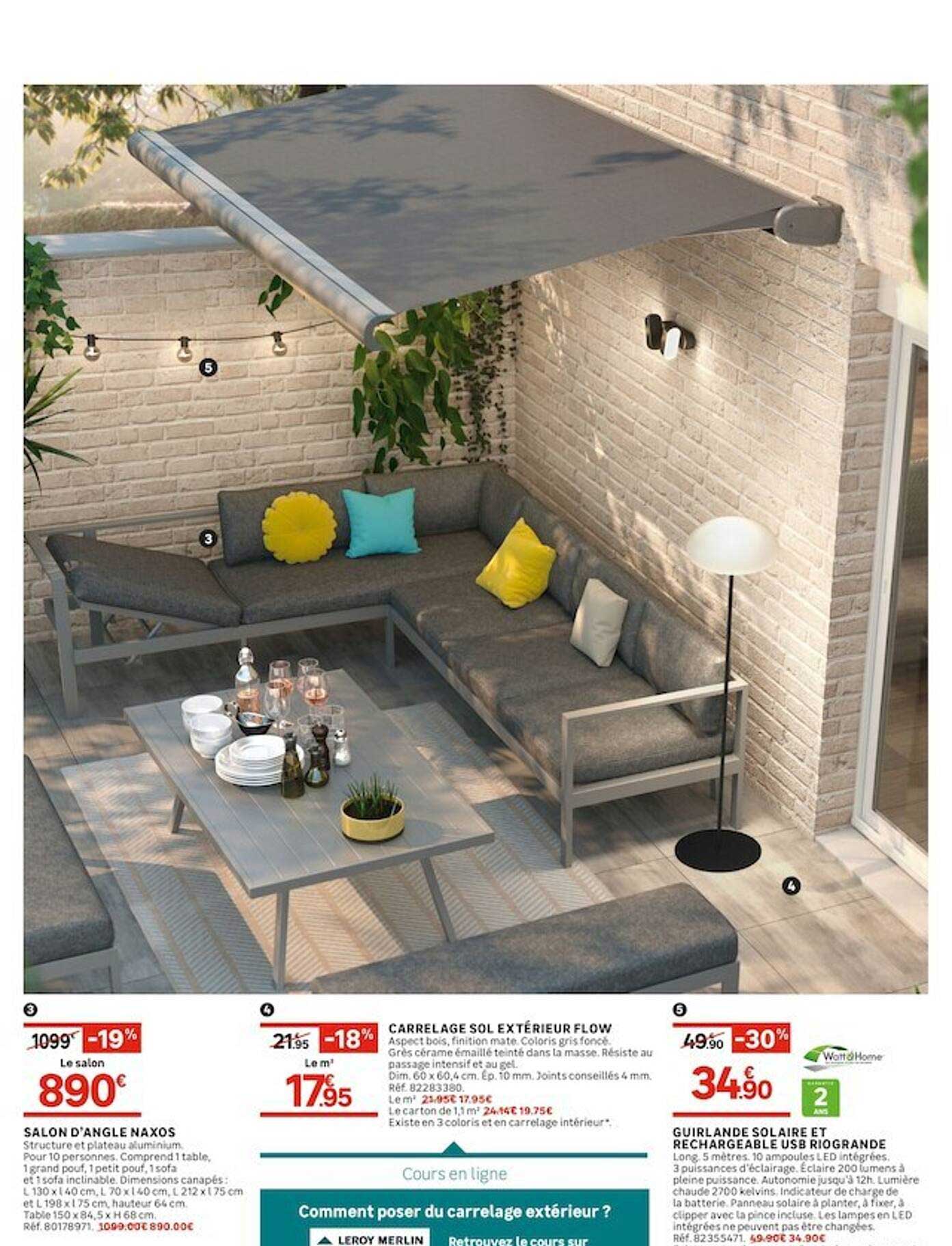 salon d'angle naxos, carrelage sol extérieur flow, guirlande solaire et rechargeable usb riogrande