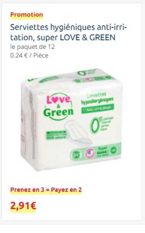 serviettes hygiéniques anti-irritation, super love & green