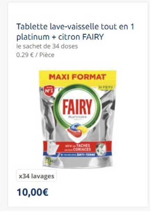 tablette lave-vaisselle tout en 1 platinum + citron fairy