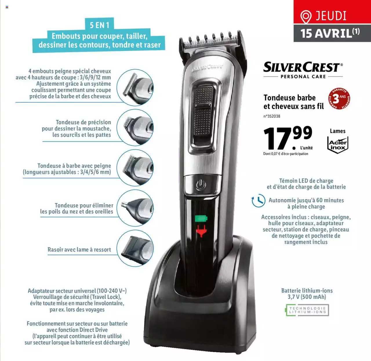 tondeuse barbe et cheveux sans fil silver crest