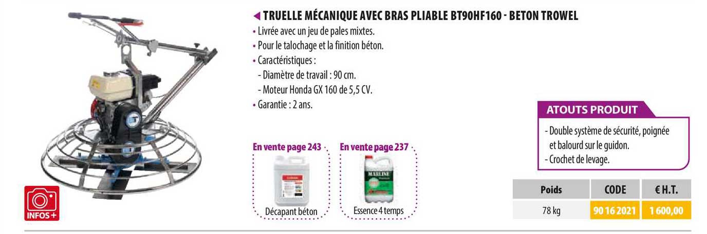 truelle mécanique avec bras pliable bt90hf160 - beton trowel