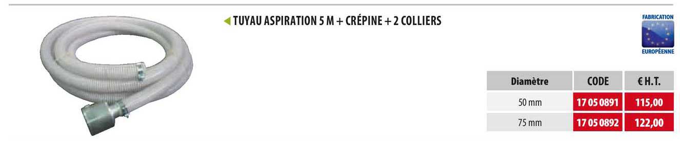 tuyau aspiration 5 m + crépine + 2 colliers