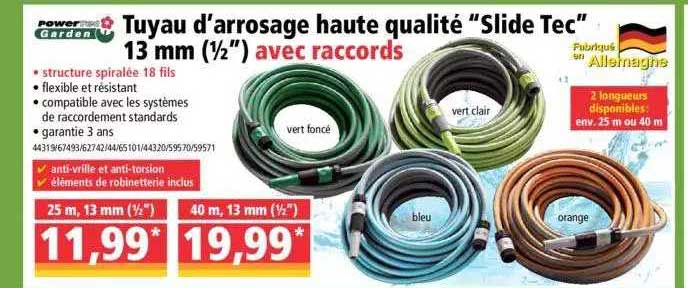 Tuyau D'arrosage Haute Qualité "slide Tec" 13 Mm (1-2") Avec Raccords Power Garden