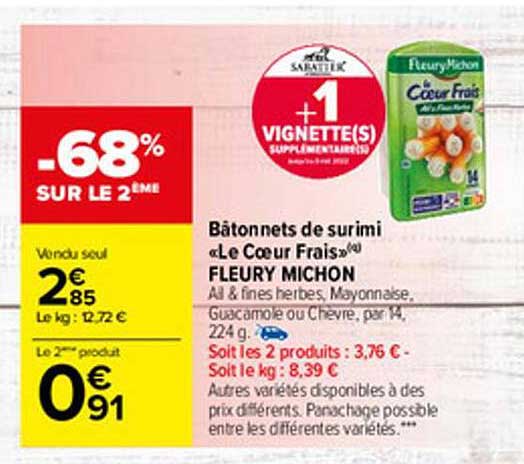 bâtonnets de surimi "le cœur frais" fleury michon