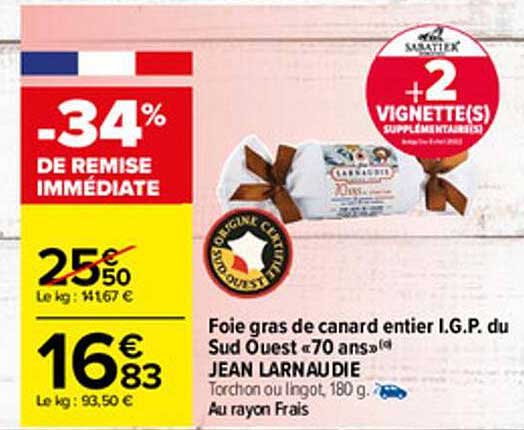 foie gras de canard entier i.g.p. du sud ouest "70 ans" jean larnaudie