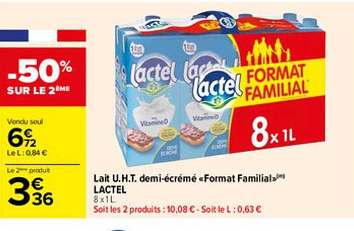 lait u.h.t. demi-écrémé "format familial" lactel