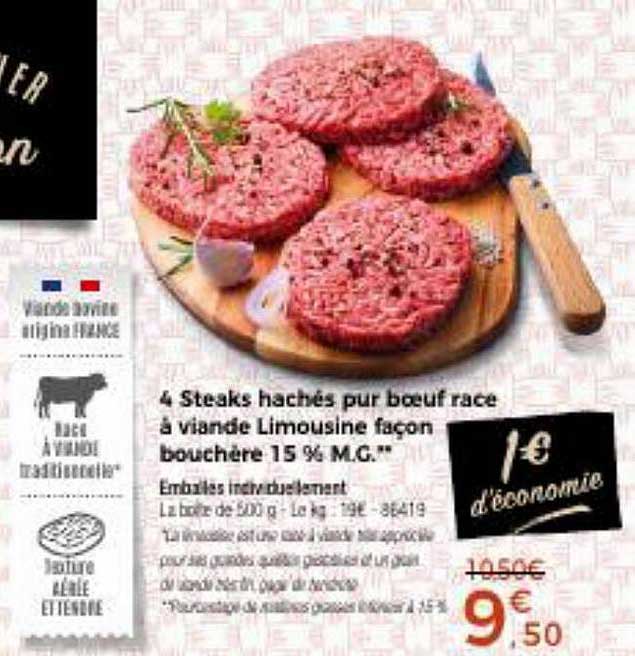 4 steaks hachés pur boeuf race à viande limousine façon bouchère