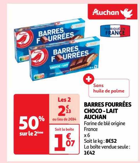 barres fourrées choco-lait auchan
