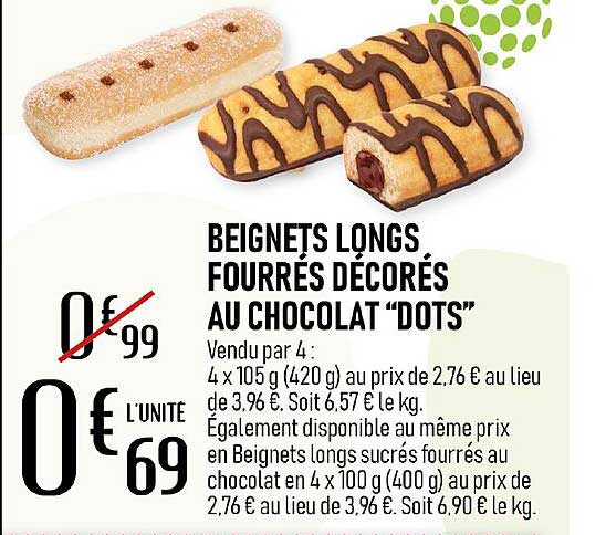 beignets longs fourrés décorés au chocolat "dots"