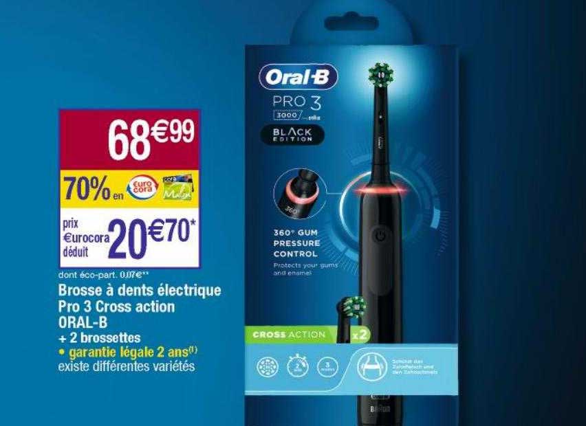 brosse à dents électrique pro 3 cross action oral-b + 2 brossettes