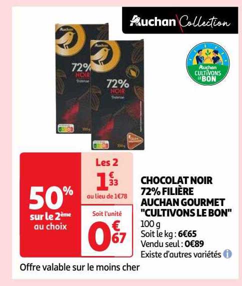 chocolat noir 72% filière auchan gourmet "cultivons le bon"
