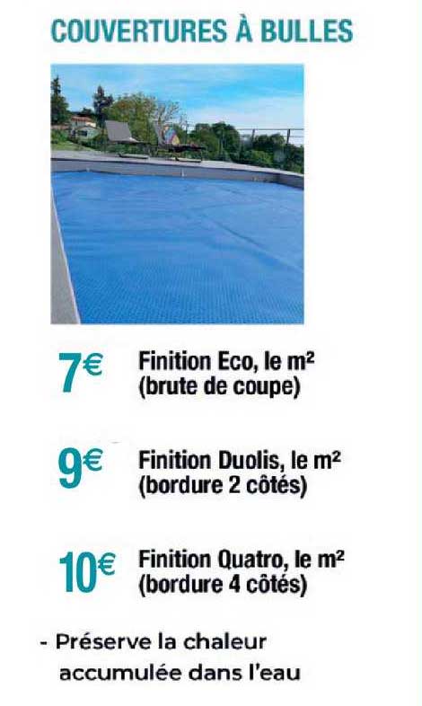 couvertures à bulles finition eco, finition duolis, finition quatro