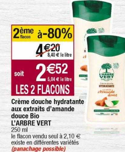 crème douche hydratante aux extraits d'amande douce bio l'arbre vert