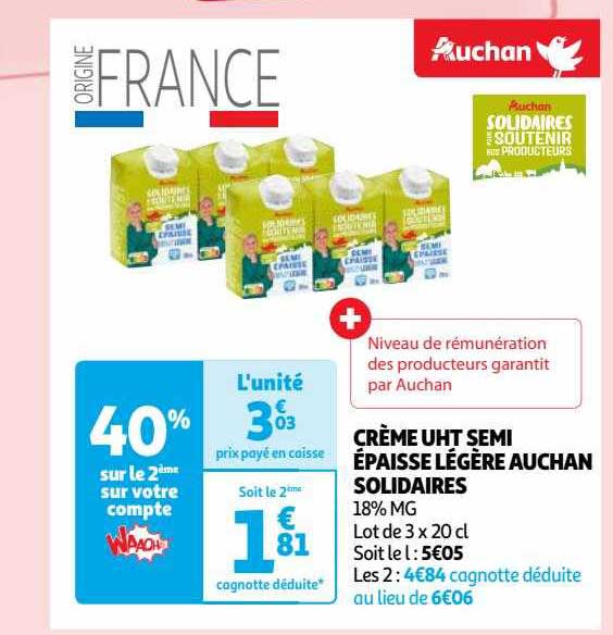 crème uht semi épaisse légère auchan solidaires