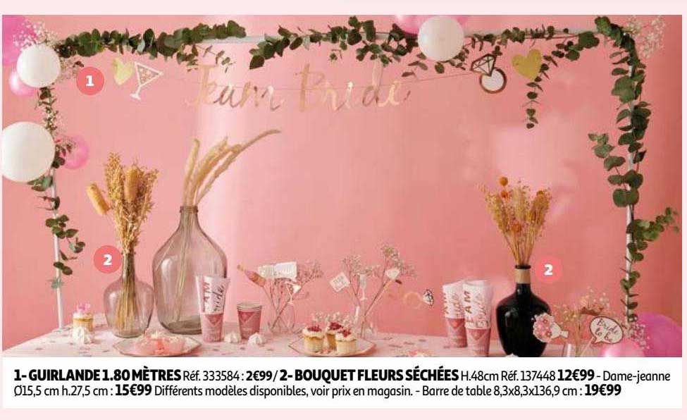 guirlande 1.80 mètres, bouquet fleurs séchées, dame-jeanne, barre de table