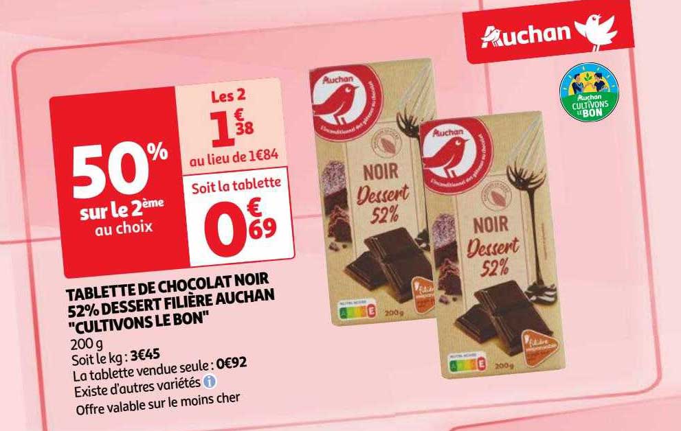tablette de chocolat noir 52% dessert filière auchan "cultivons le bon"