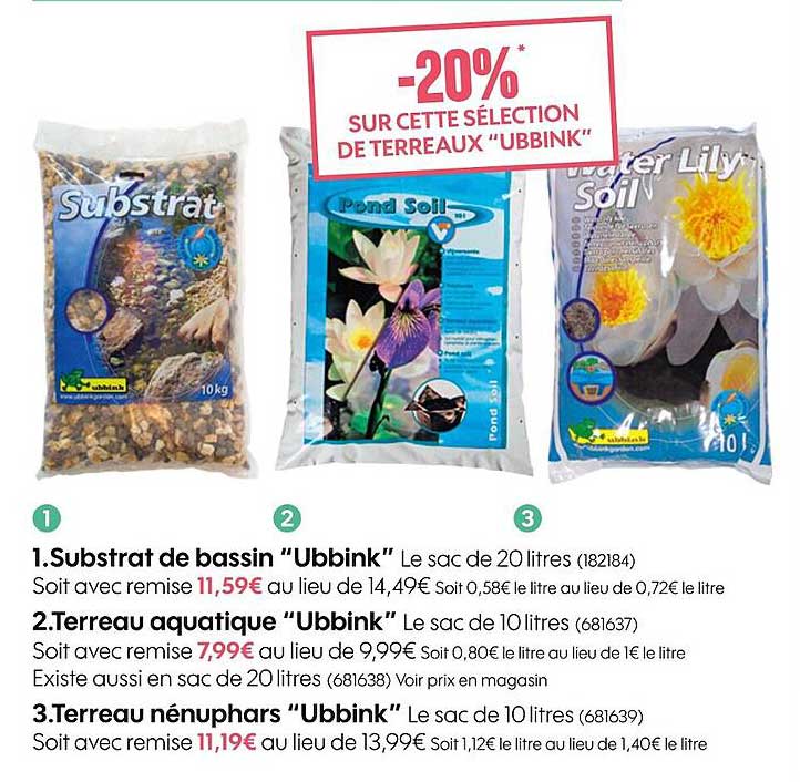 1. substrat de bassin "ubbink" 2. terreau aquatique "ubbink" 3. terreau nénuphars "ubbink"