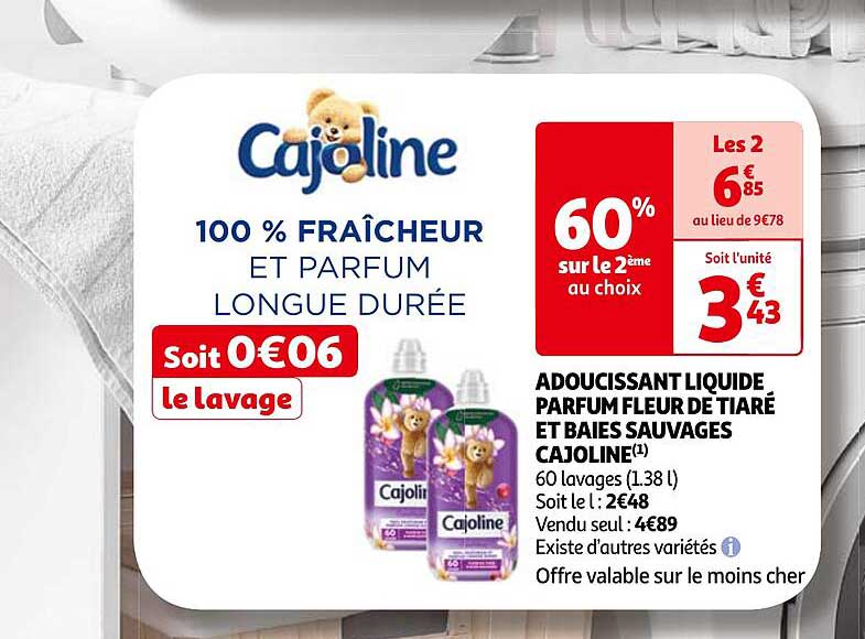 adoucissant liquide parfum fleur de tiaré et baies sauvages cajoline