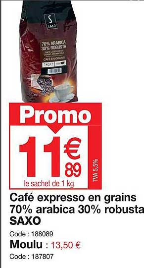 café expresso en grains 70% arabica 30% robusta saxo
