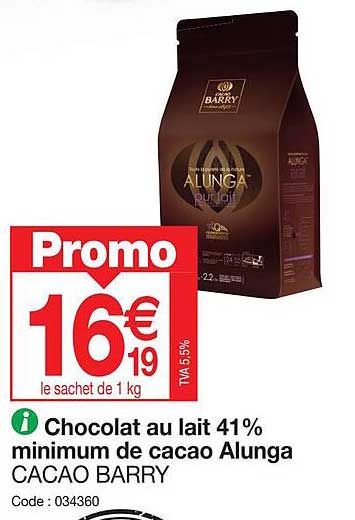 chocolat au lait 41% minimum de cacao alunga cacao barry