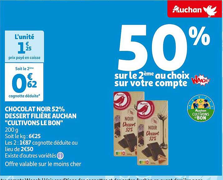 chocolat noir 52% dessert filière auchan "cultivons le bon"