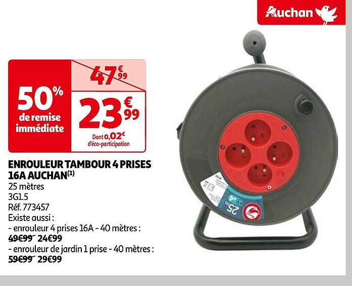 enrouleur tambour 4 prises 16a auchan