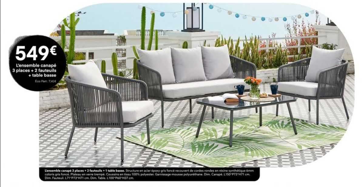 l'ensemble capané 3 places + 2 fauteuils + 1 table basse