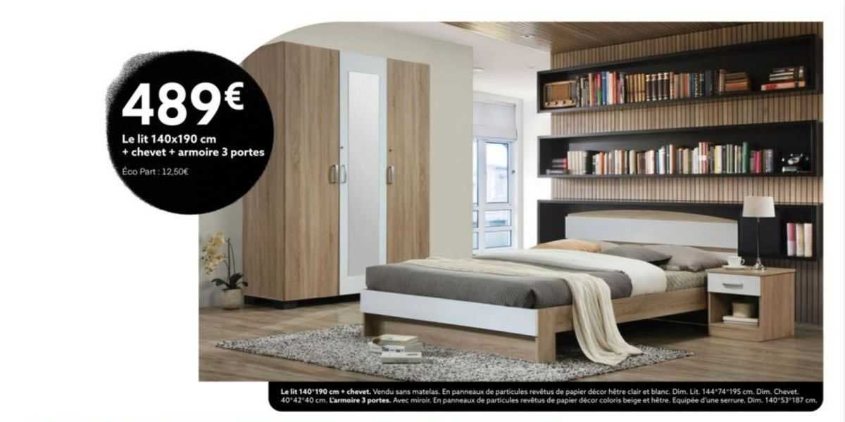 le lit 140x190 cm + chevet + armoire 3 portes