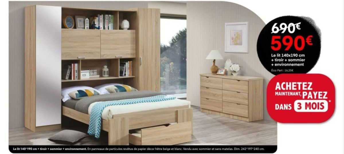 Le Lit 140x190 Cm + Tiroir + Sommier + Environnement