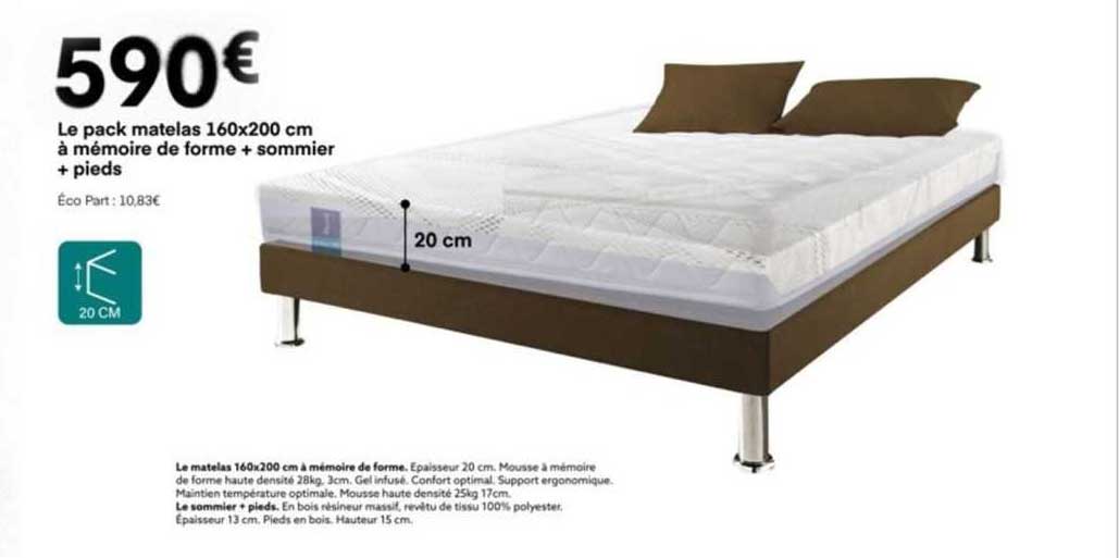 le matelas 160x200 cm à mémoire de forme le sommier + pieds