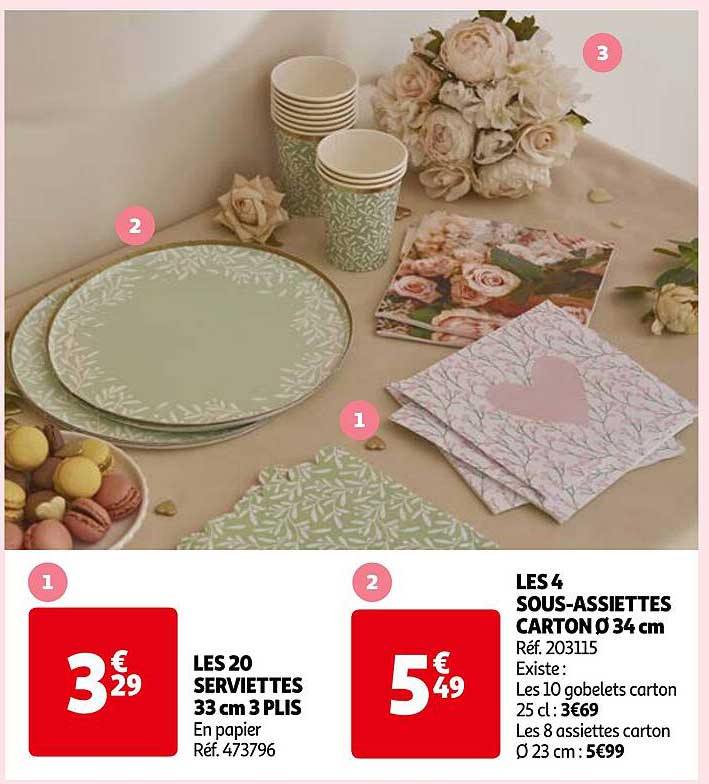 les 20 servettes 33 cm 3 plis les 4 sous-assiettes carton ø 34 cm