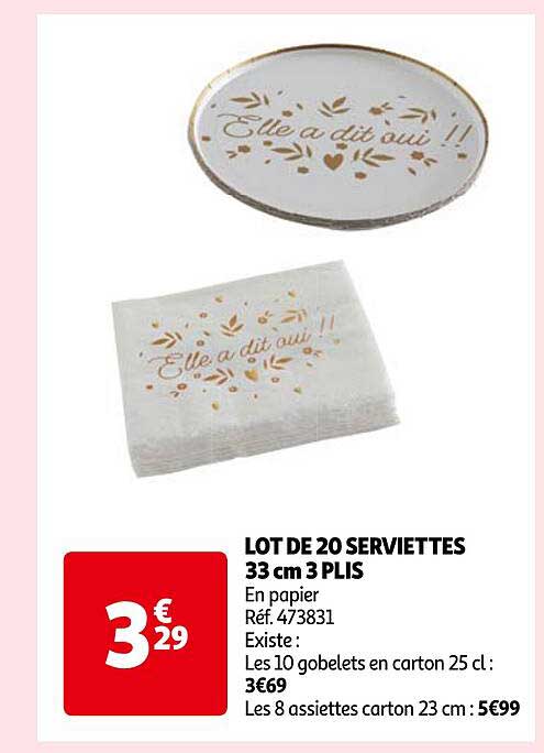 lot de 20 serviettes 33 cm 3 plis en papier