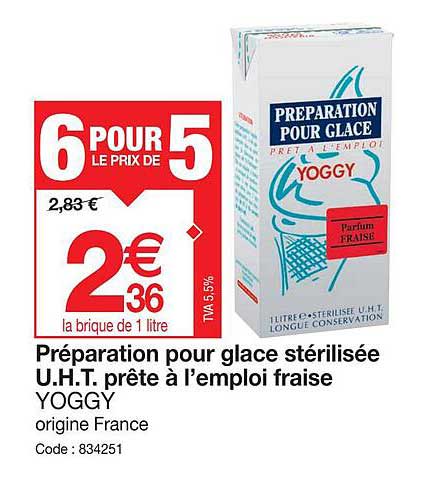 préparation pour glace stérilisée u.h.t. prête à l'emploi fraise yoggy