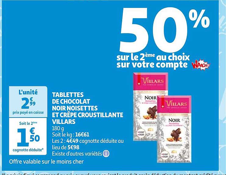 tablettes de chocolat noir noisettes et crêpe croustillante villars