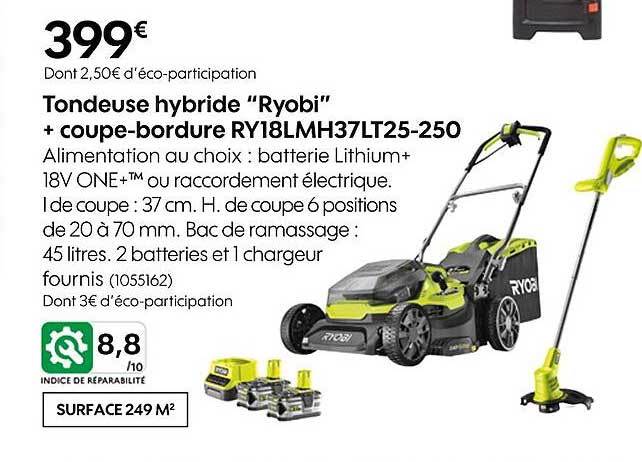 tondeuse hybride "ryobi" + coupe-bordure ry18lmh37lt25-250