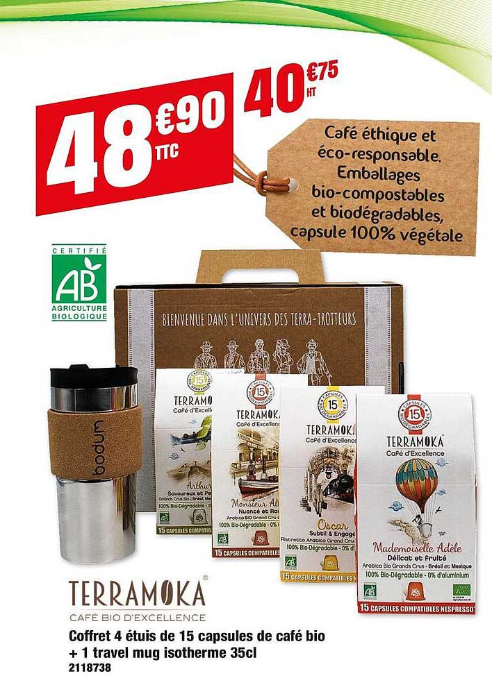 coffret 4 étuis de 15 capsules de café bio + 1 travel mug isotherme 35cl