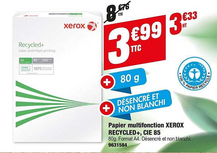papier multifonction xerox recycled+, cie 85