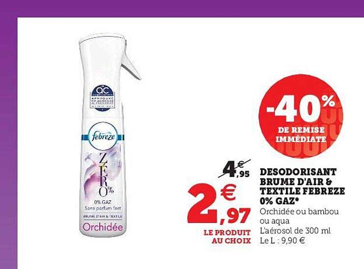 désodorisant brume d'air & textile febreze 0% gaz