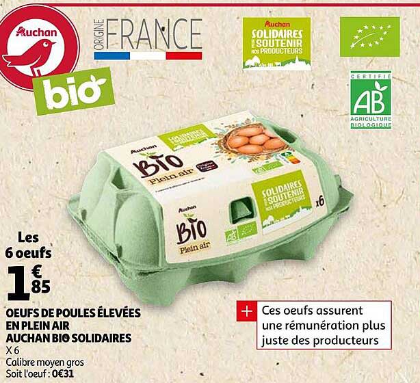 oeufs de poules élevées en plein air auchan bio solidaires